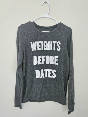 "Weights Before Dates" Grey Long-sleeve T-shirt | Size M
